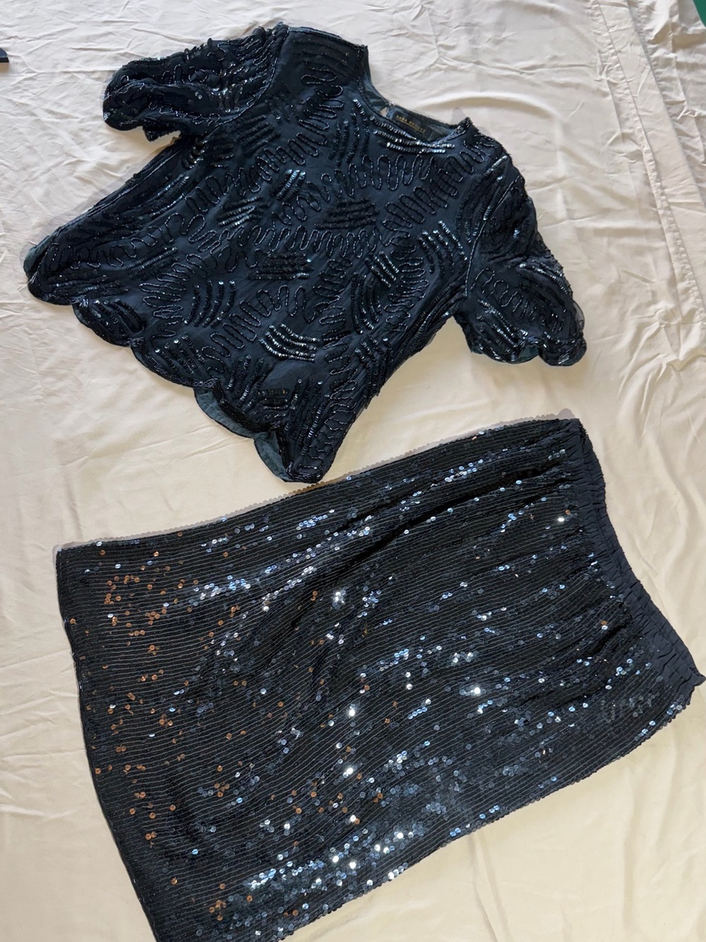 Black Sequin Blouse and Skirt Set Vintage 1980